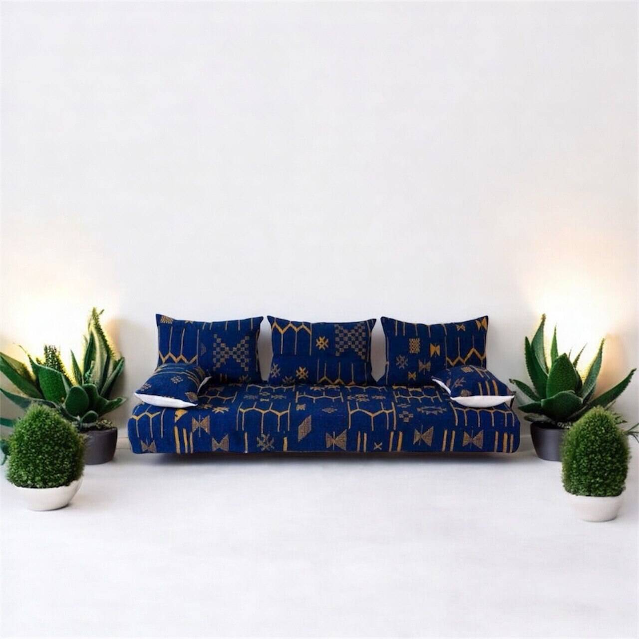 Handmade Moroccan Floor Sofa – Blue Hnibel with Golden Khormaz Patterns