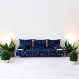 Handmade Moroccan Floor Sofa – Blue Hnibel with Golden Khormaz Patterns