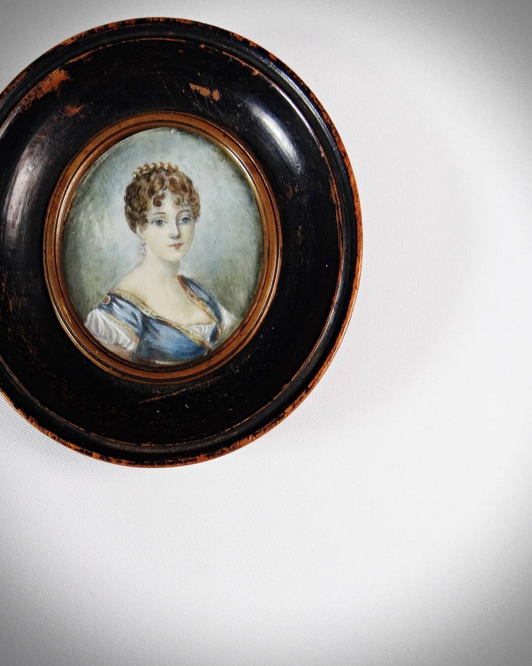 Tondo miniature portrait of a woman Empire style hand-painted gouache