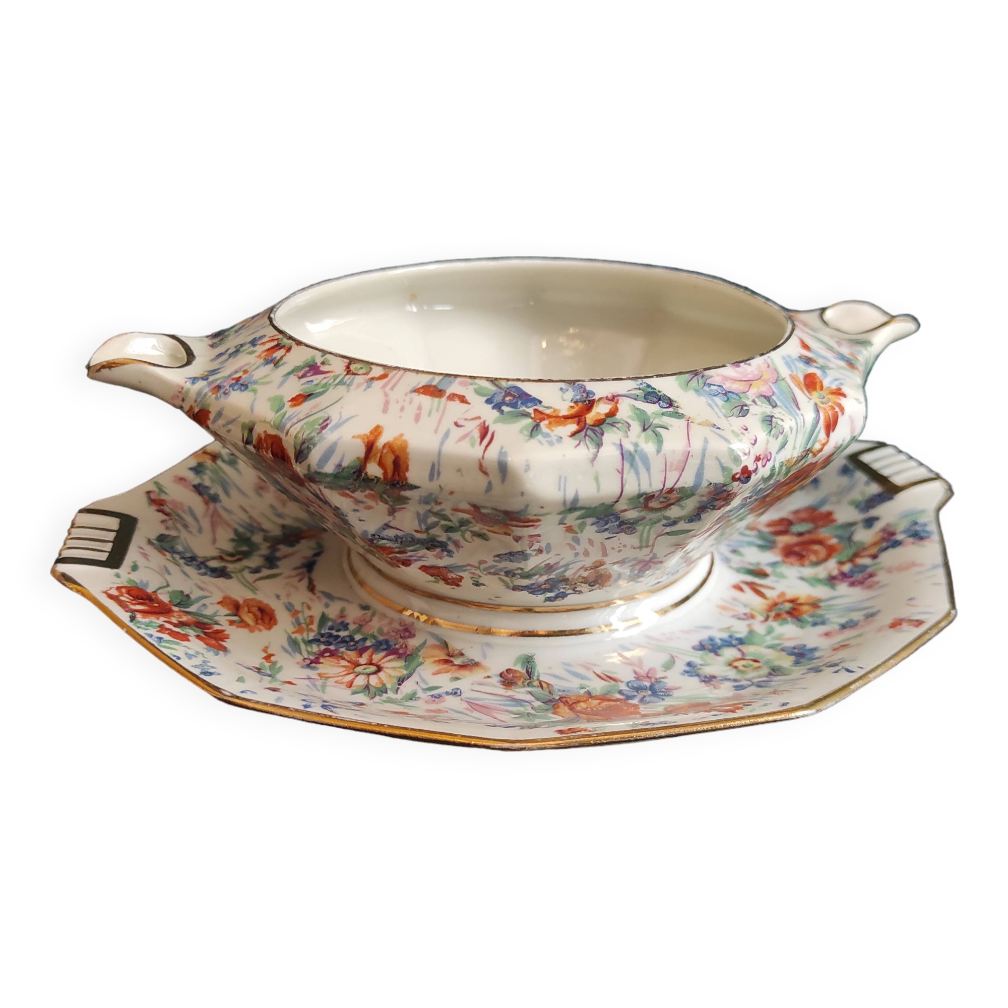Vintage French serving sauce boat from La Tallec, Limoges, with colourful floral decoration