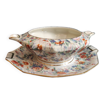 Vintage French serving sauce boat from La Tallec, Limoges, with colourful floral decoration