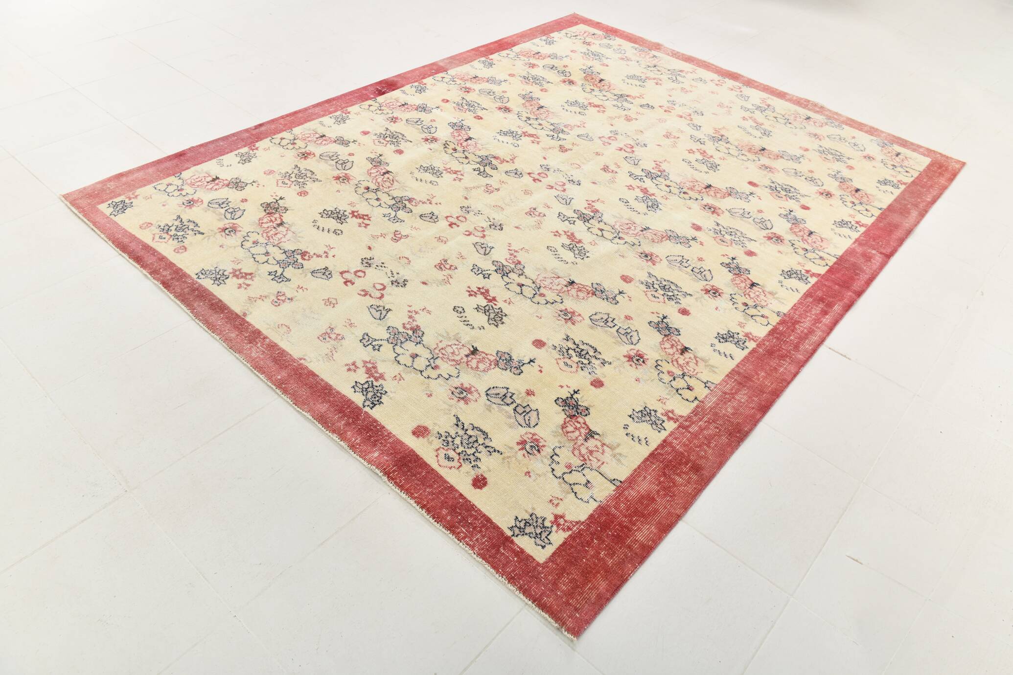 7x9 Yellow & Burgundy Floral Turkish Vintage Rug, 216x281Cm