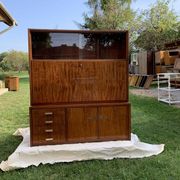 Mid-Century 1960s brown wooden wardrobe with display cabinet, drop-down front and drawers.
