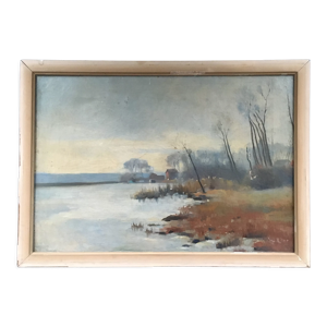 Tableau ancien paysage lacustre