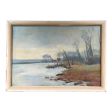Tableau ancien paysage lacustre