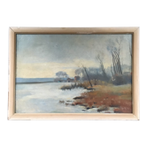 Tableau ancien paysage lacustre