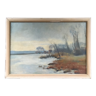 Tableau ancien paysage lacustre