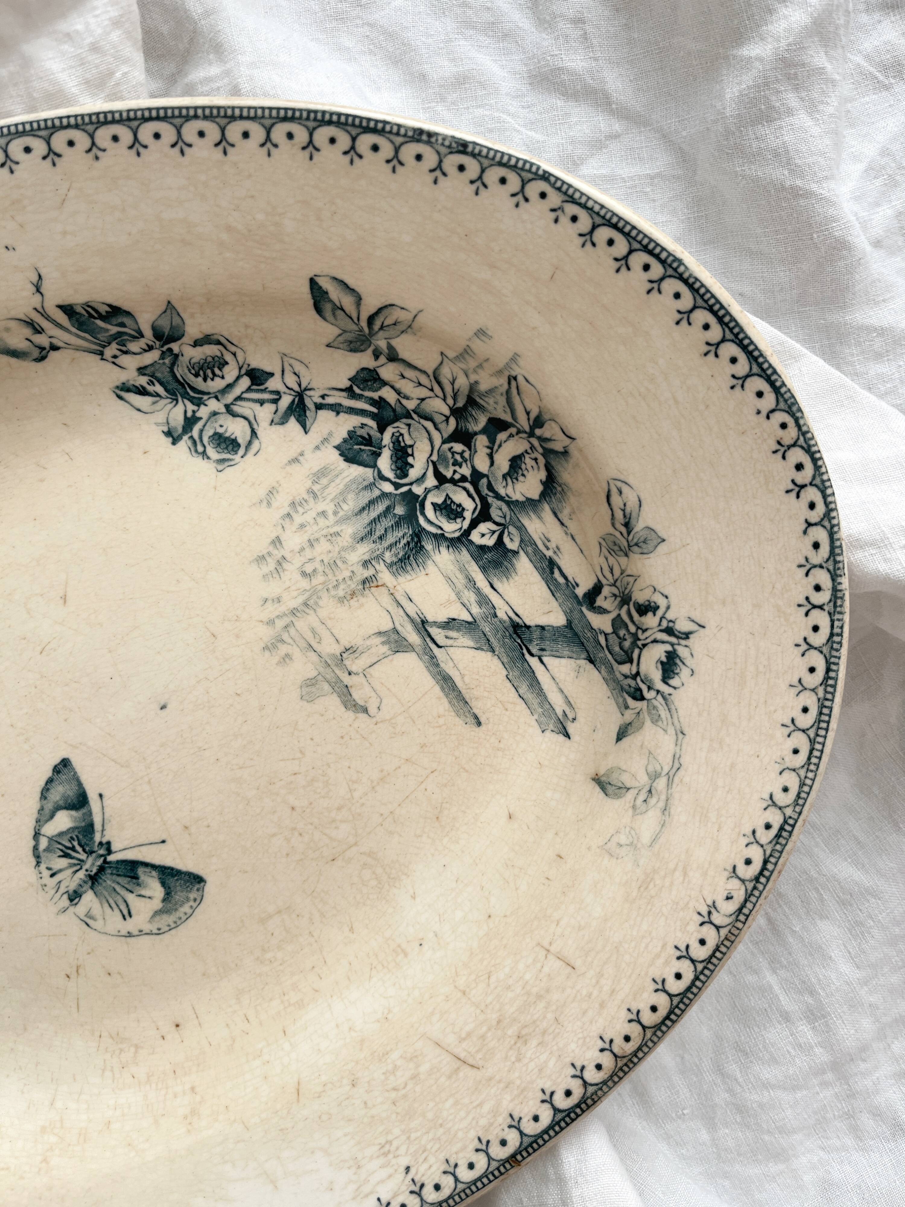 Oval ironstone dish flowers birds "Malaga" Petrus Regout