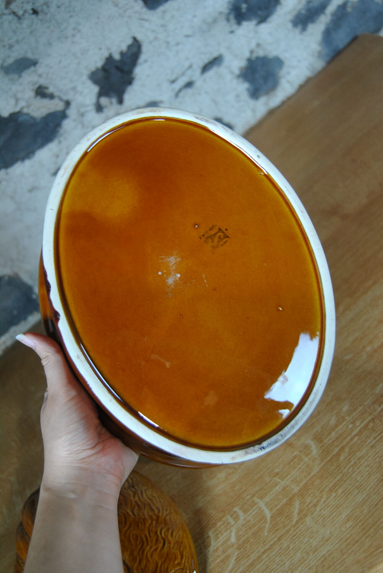 Vintage yellow enamelled rabbit terrine