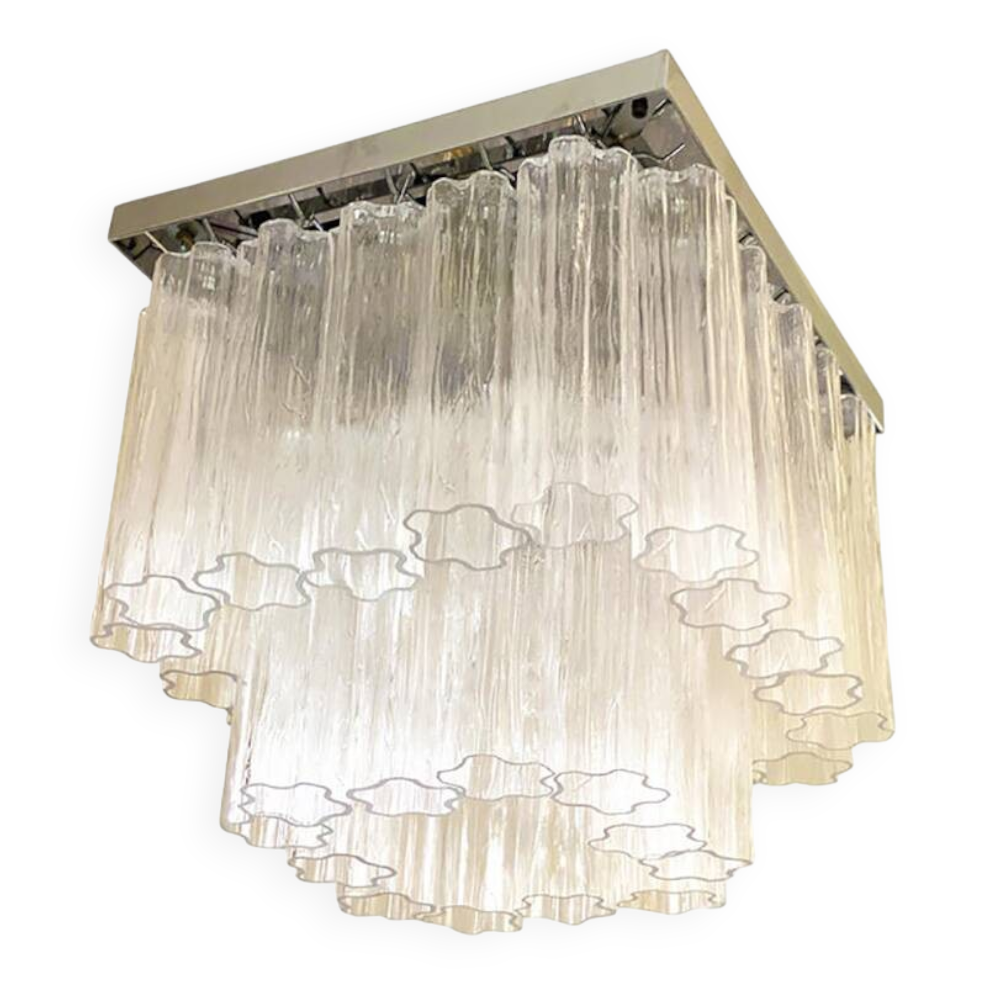 Plafonnier "Tronchi" contemporain transparent en verre de Murano de style Venini carré Spoutnik