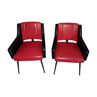 Red and black vintage 50/60s leather armchairs