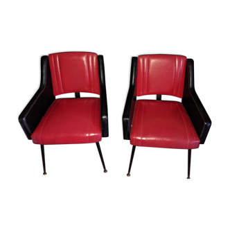 Fauteuils cuir années 50/60 vintage rouge et noir