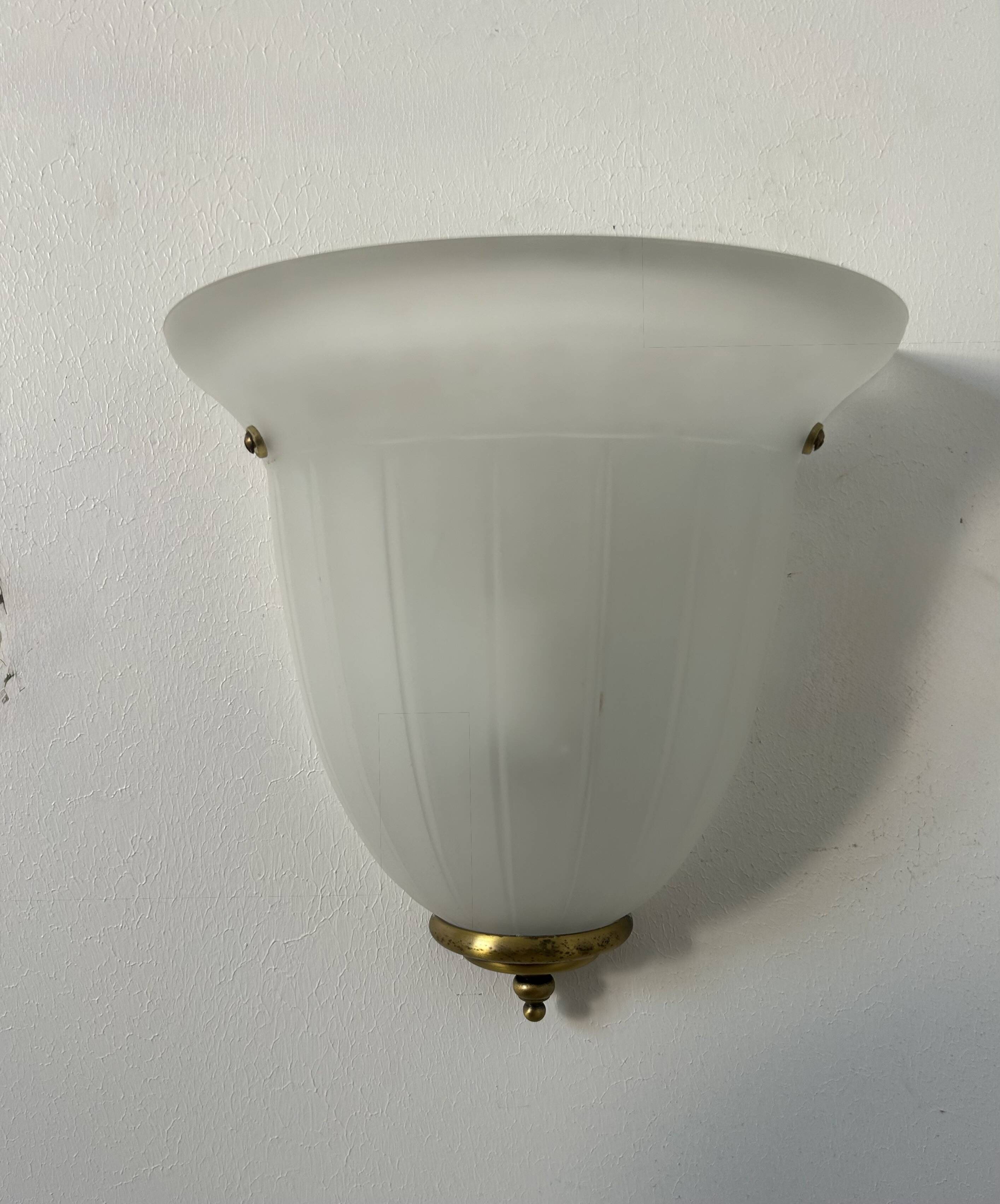 Pair of vintage wall lights, brass and sandblasted glass, France 1970