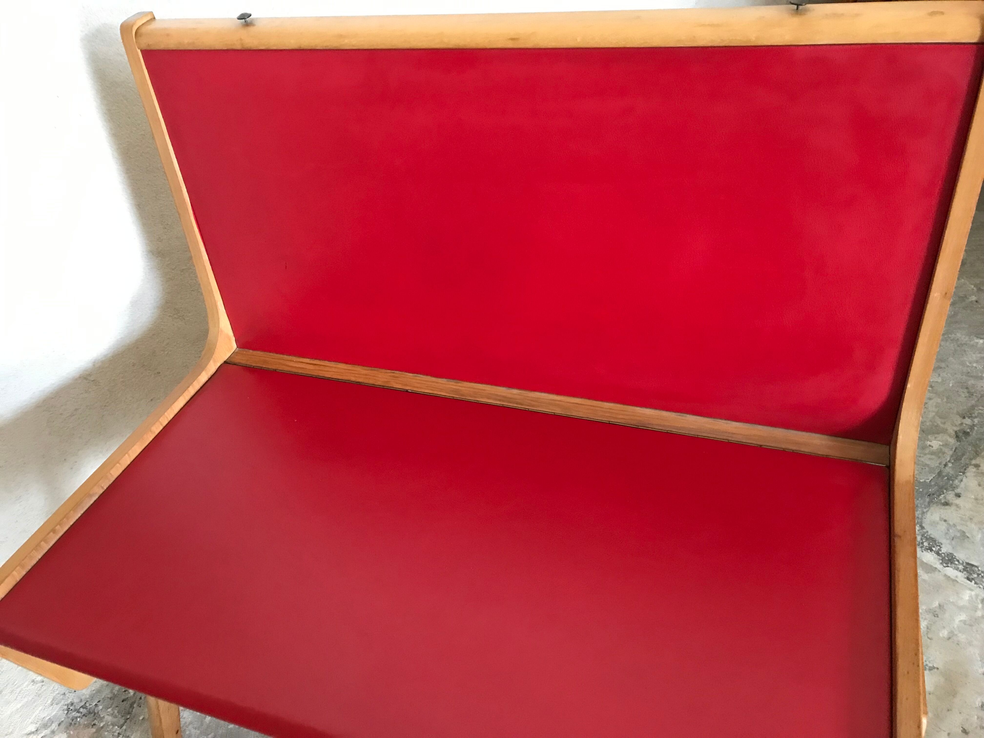 Bench bench-chest vintage 1960-1980's in blond beech and red skaï