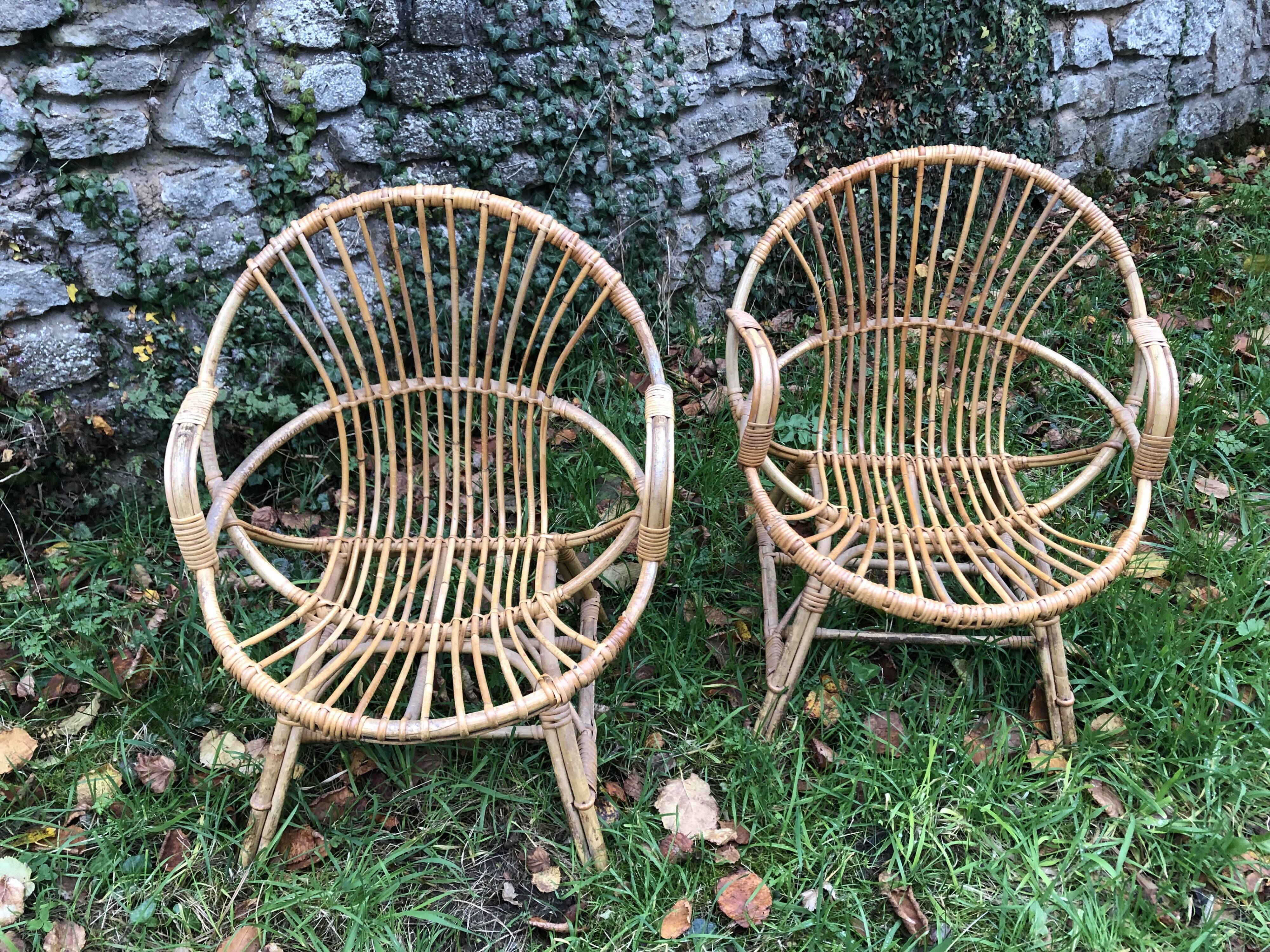 Bamboo rattan armchairs 60s