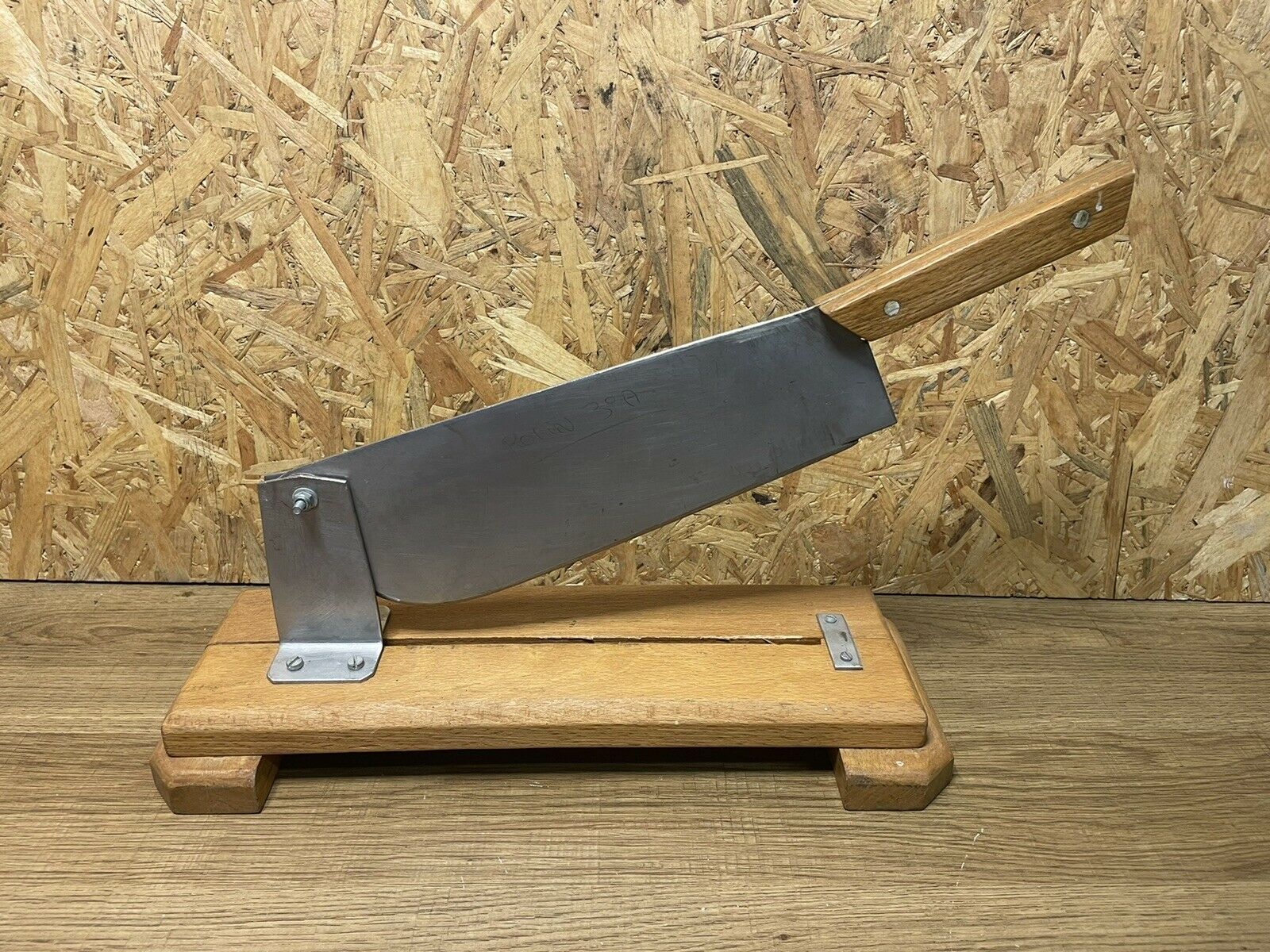 Antique bread cut, stainless steel blade, wooden base, vintage chic countryside