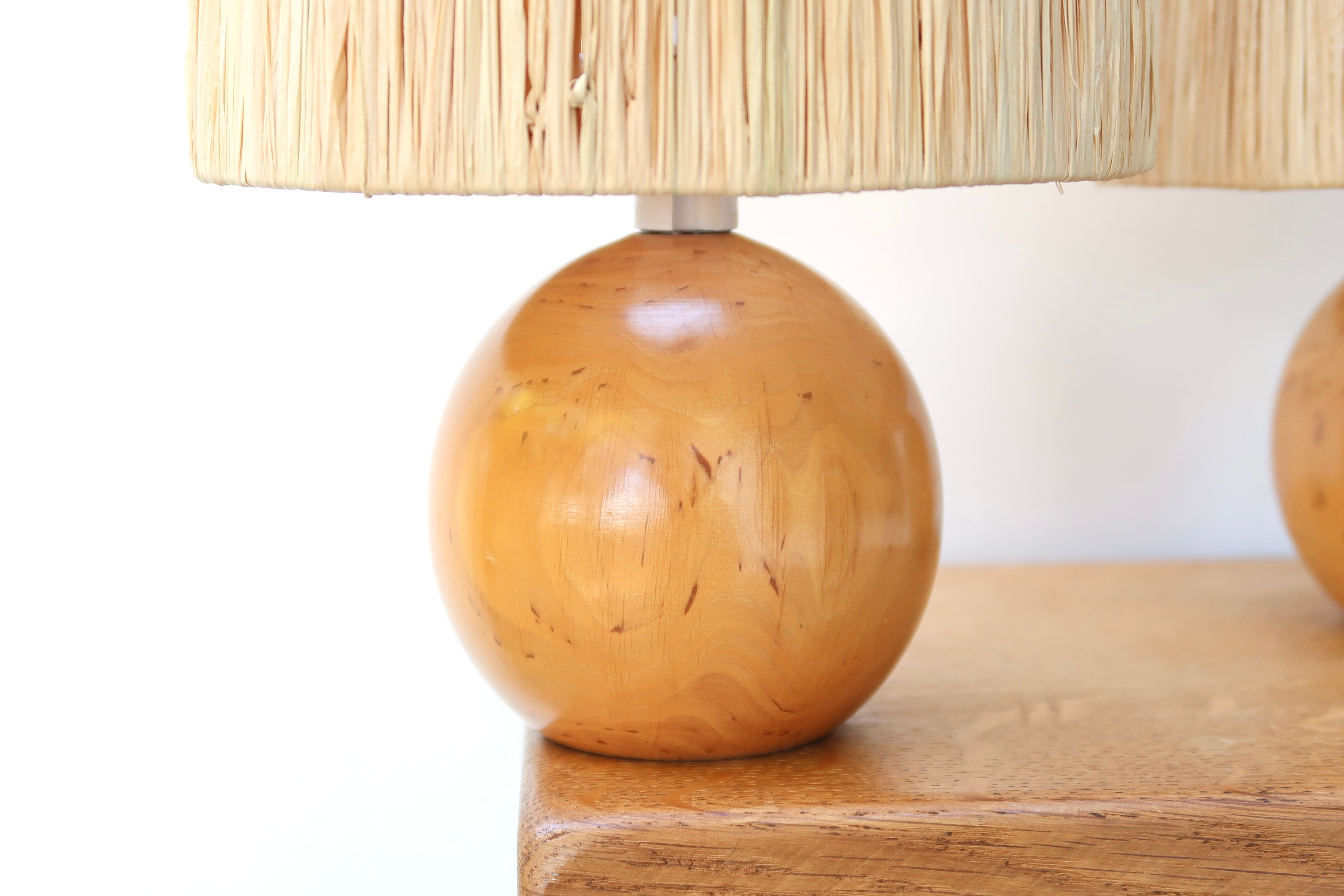 Pair of wooden lamps, raffia lampshade, 70s