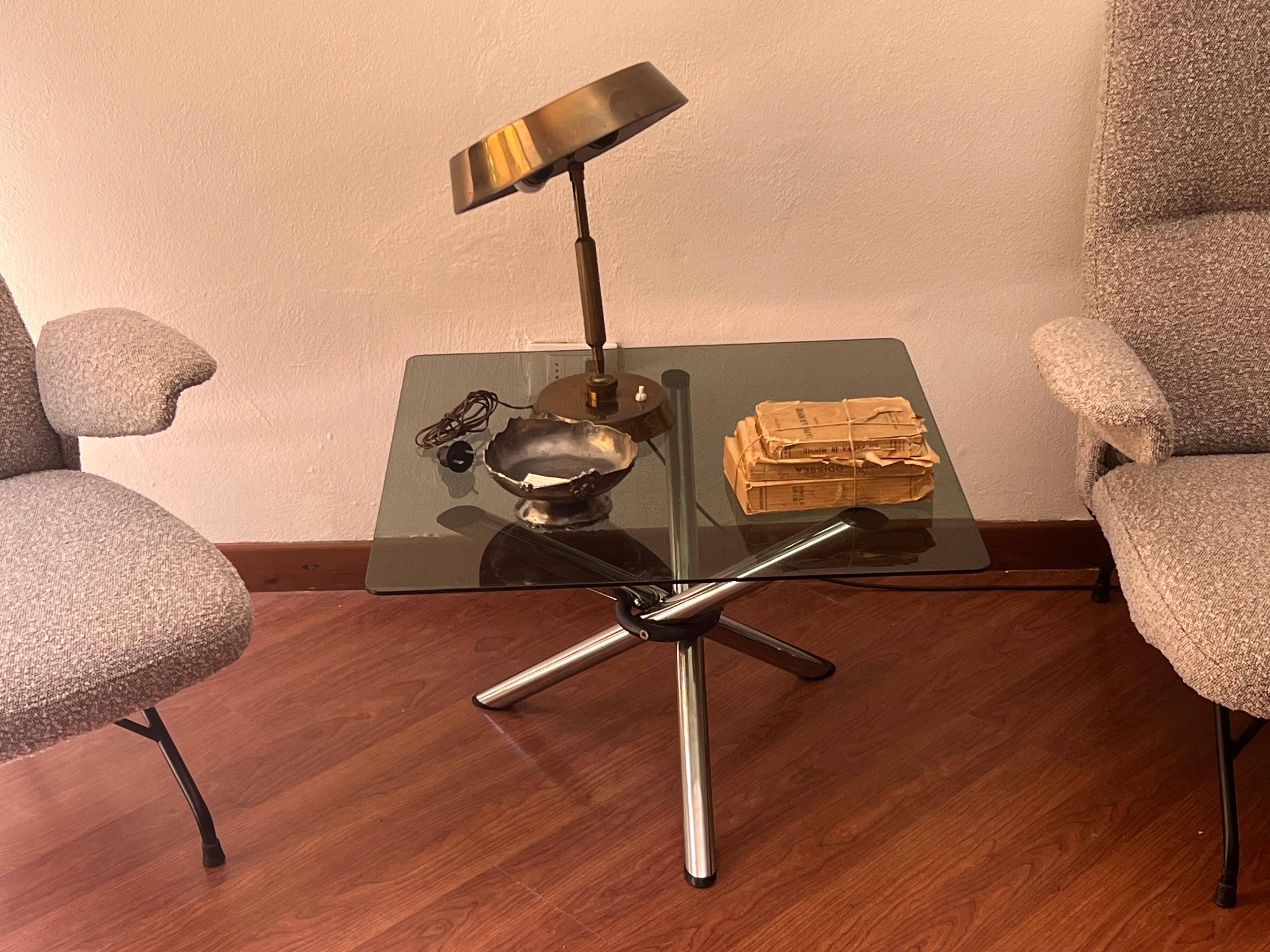 Vintage foldable coffee table, chromed tubular metal and smoked glass