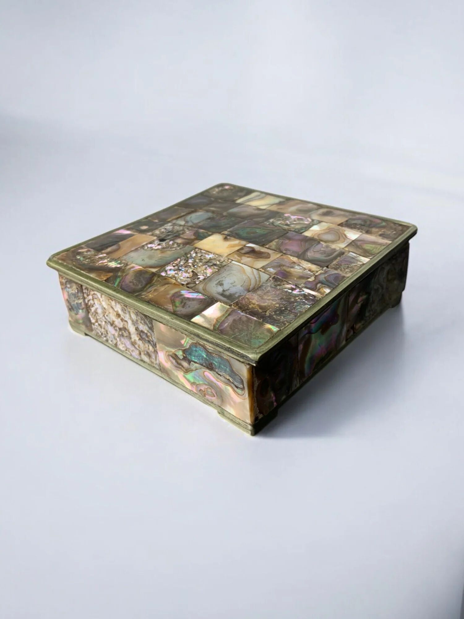 Abalone shell vanity box, alpaca & wood, Mexico, circa 1980