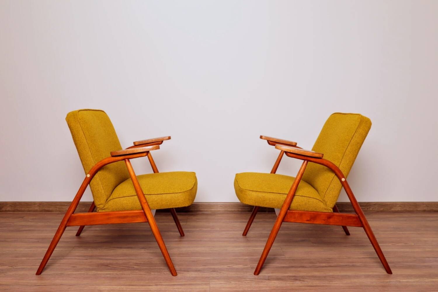 Set of MID Century Armchairs Ocher Yellow Wool, Turned Legs, 1960s