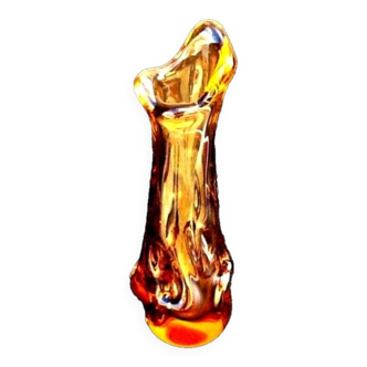 1970s Vase / Flower holder thick coloured transparent pink glass