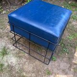 Square stool in black lacquered steel wire and blue leatherette circa 1970