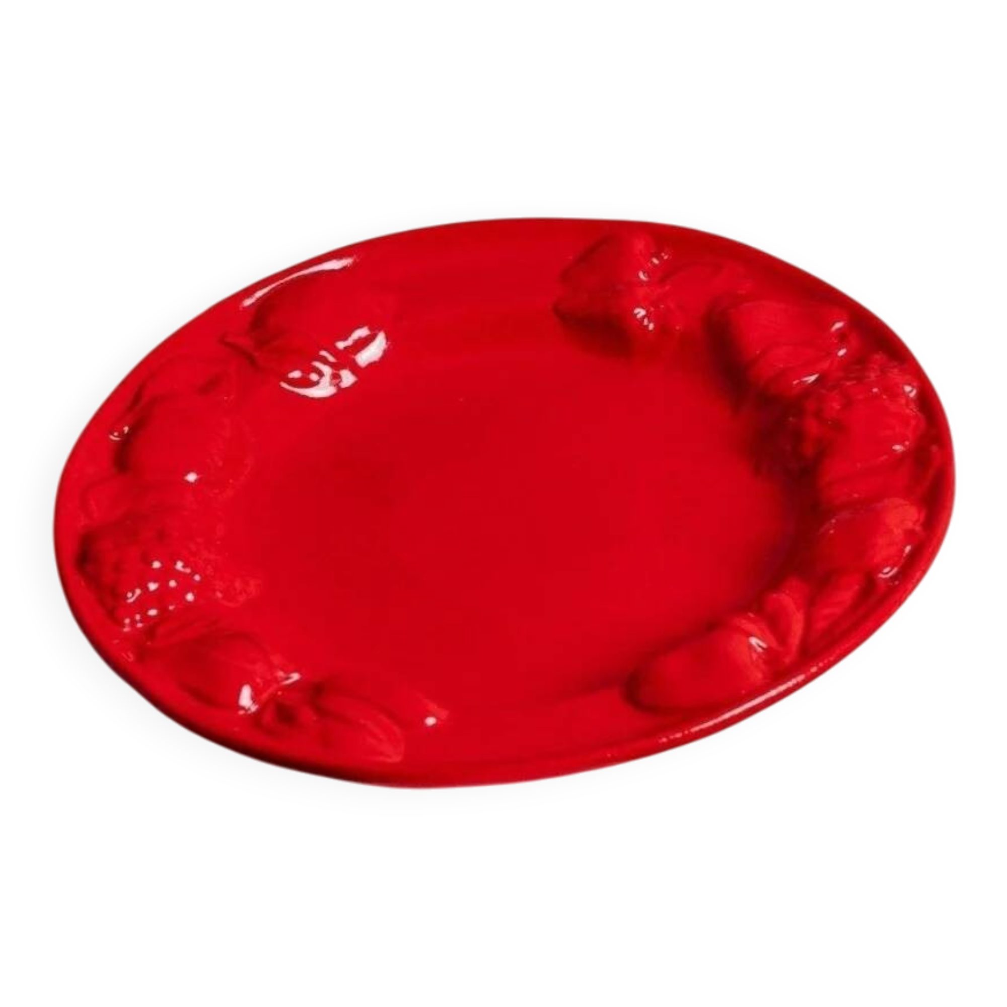 Vintage ceramic fruit dish - red enamel - relief of fruits - Mid-Century design - Italy 1980s