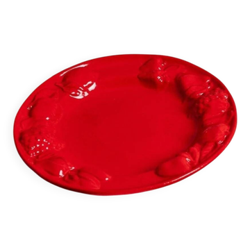 Vintage ceramic fruit dish - red enamel - relief of fruits - Mid-Century design - Italy 1980s