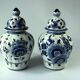 2 handpainted Delft vases with lid as a set, Vintage, marked
