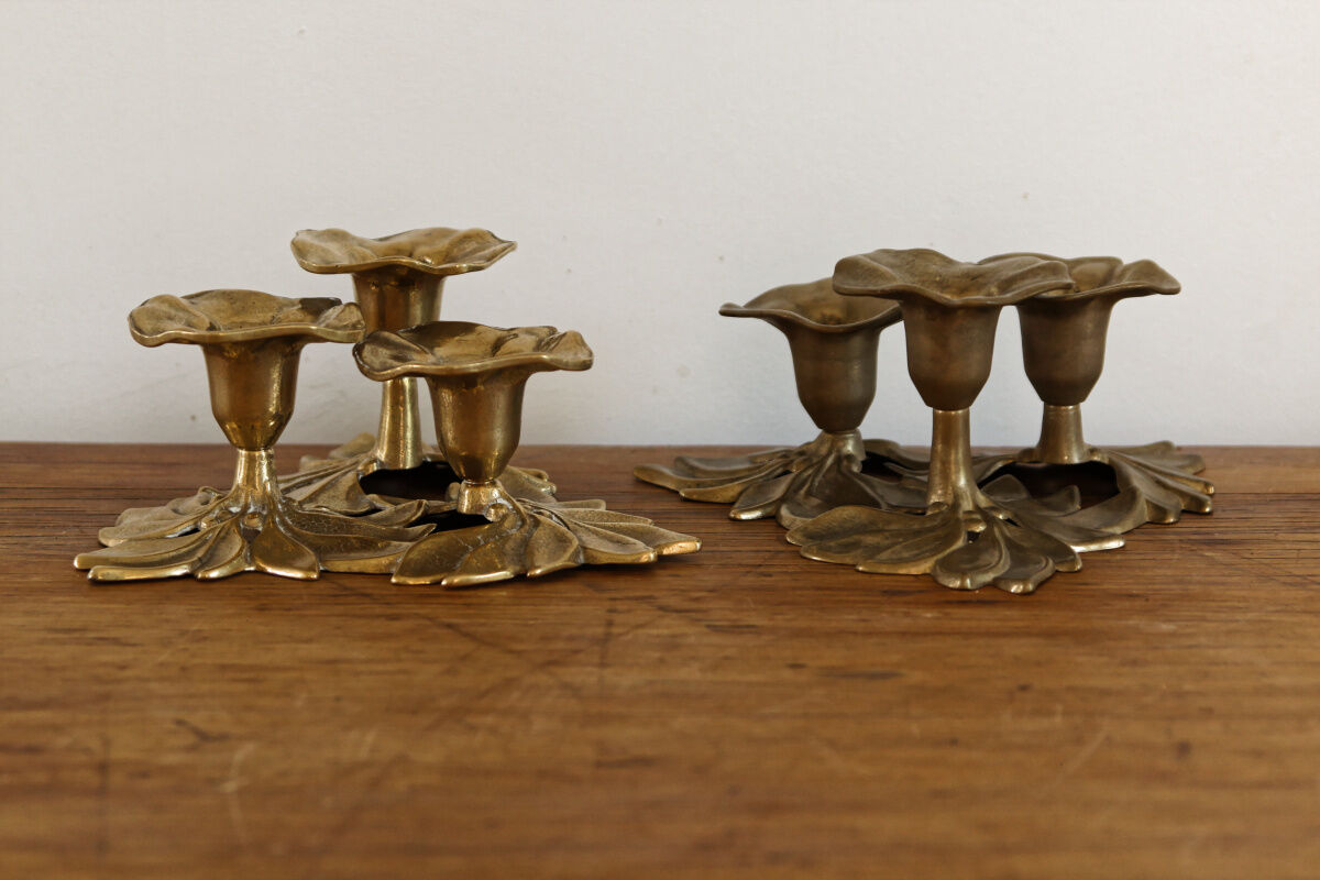 Pair of triple brass candle holders