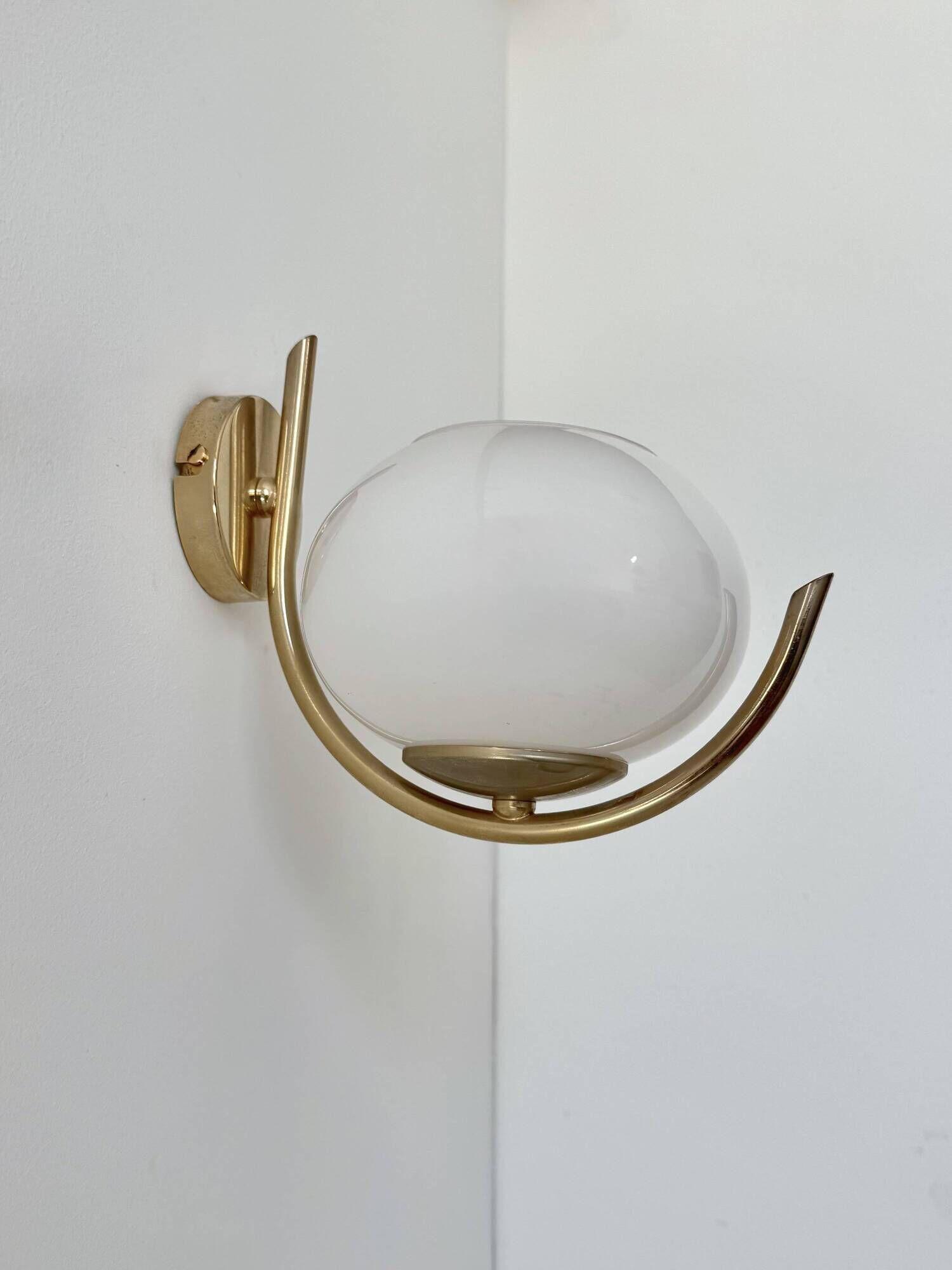 Pair of vintage wall sconces, brass and opaline, France, 1970.