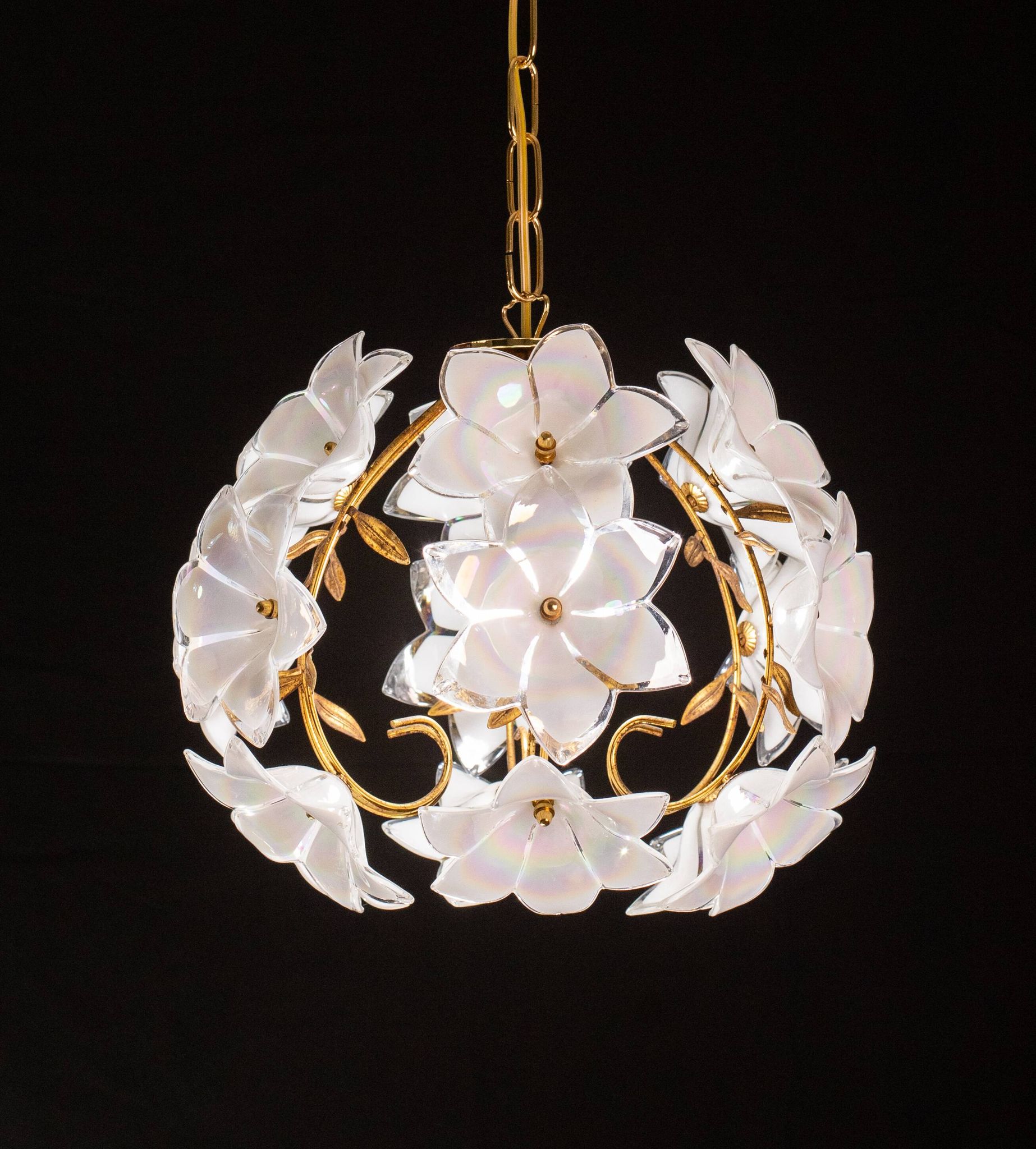 Set of 2 Murano Spherical Chandelier Full of White Flowers, 1980s