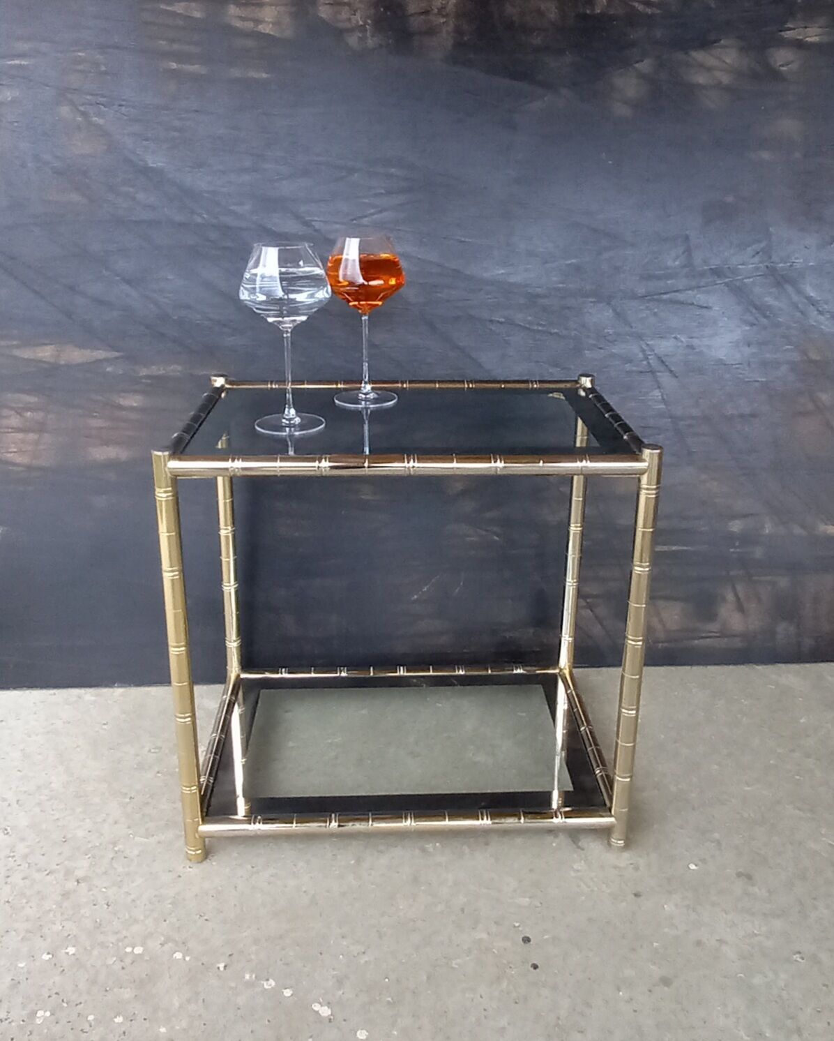 House lancel vintage. side table double trays, in gilded brass bamboo way. tbe