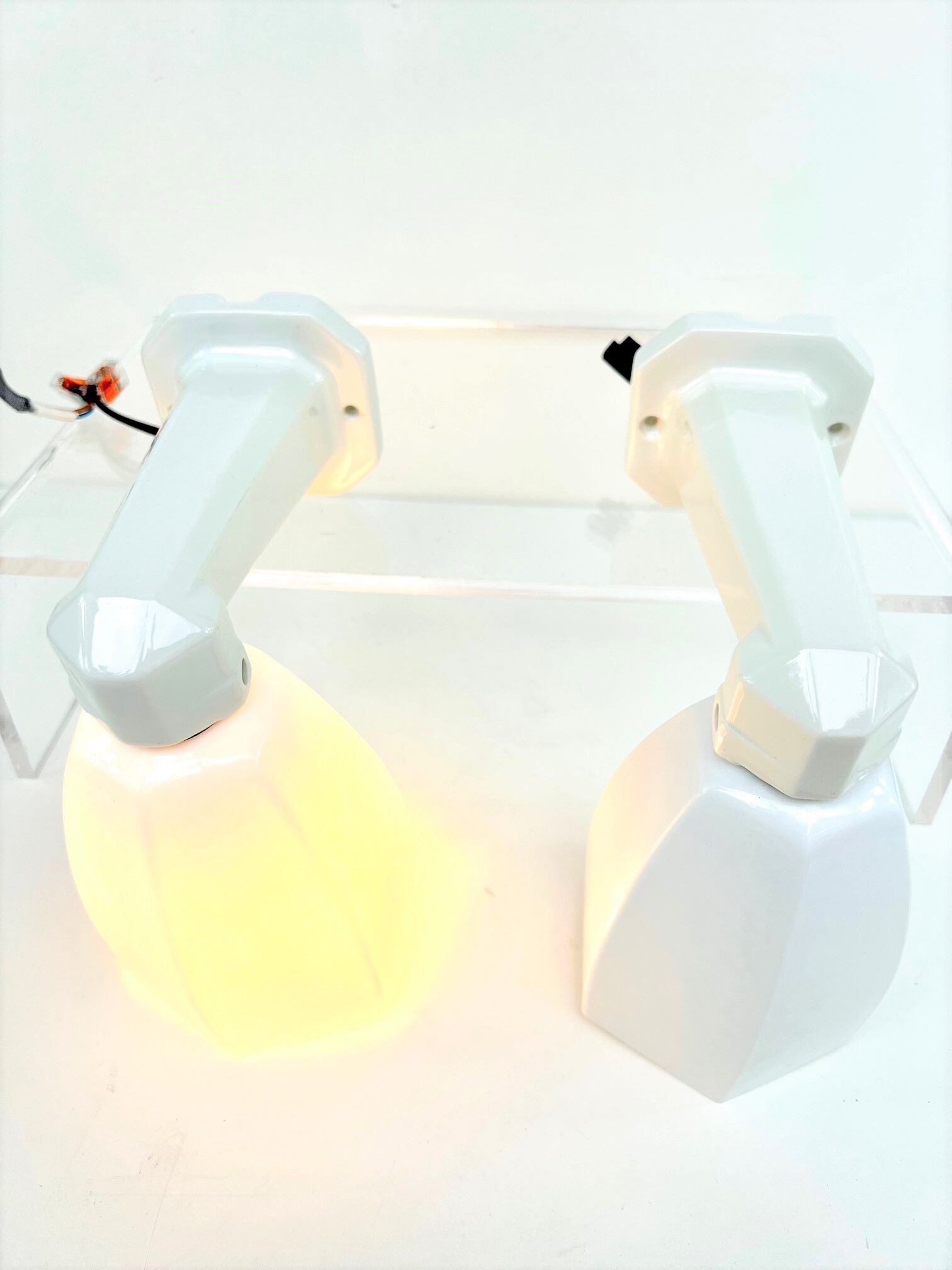 THE PAIR 2 WALL LAMPS OLD BATHROOM 1930 1940 OPALINE AND PORCELAIN LEGRAND