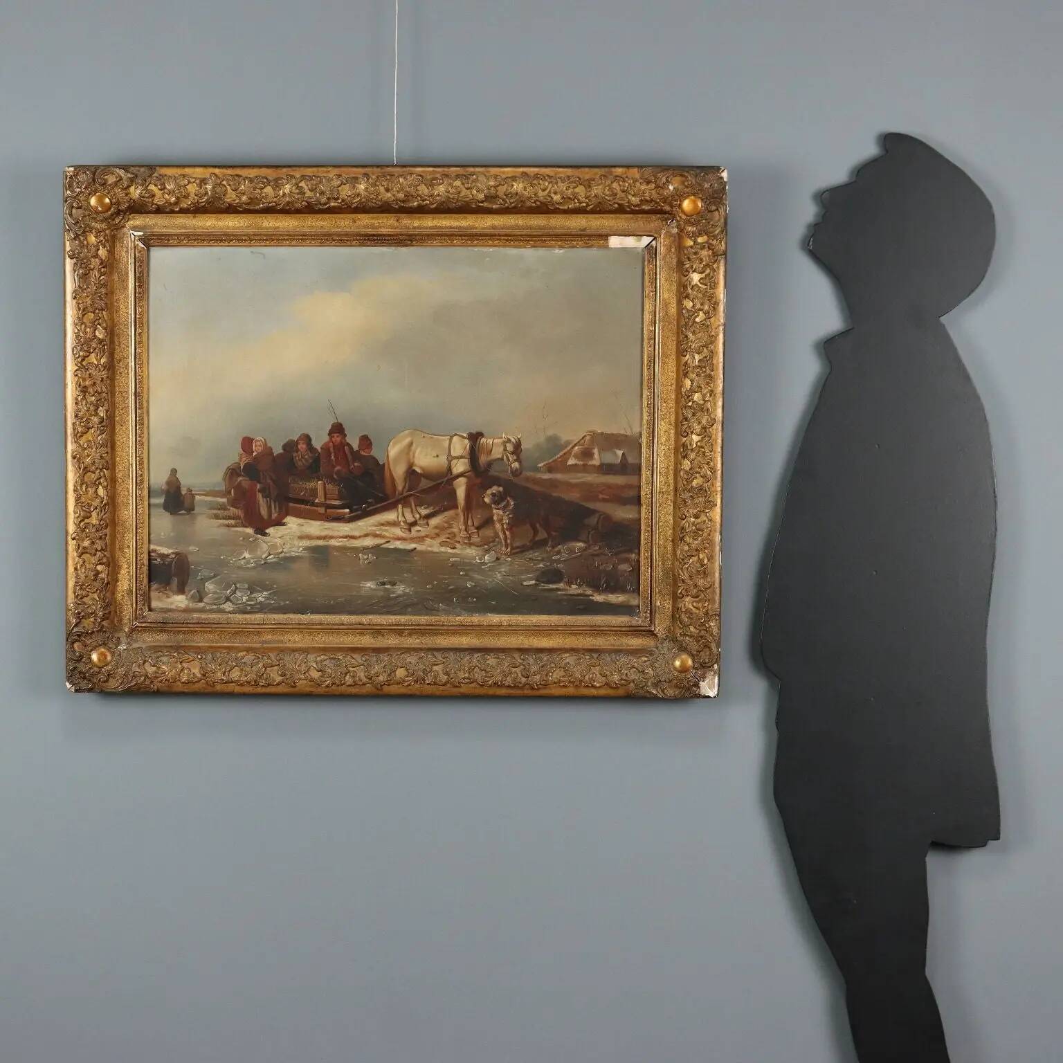 Ancient painting of a winter scene, oil on canvas, Northern Europe, 800s.