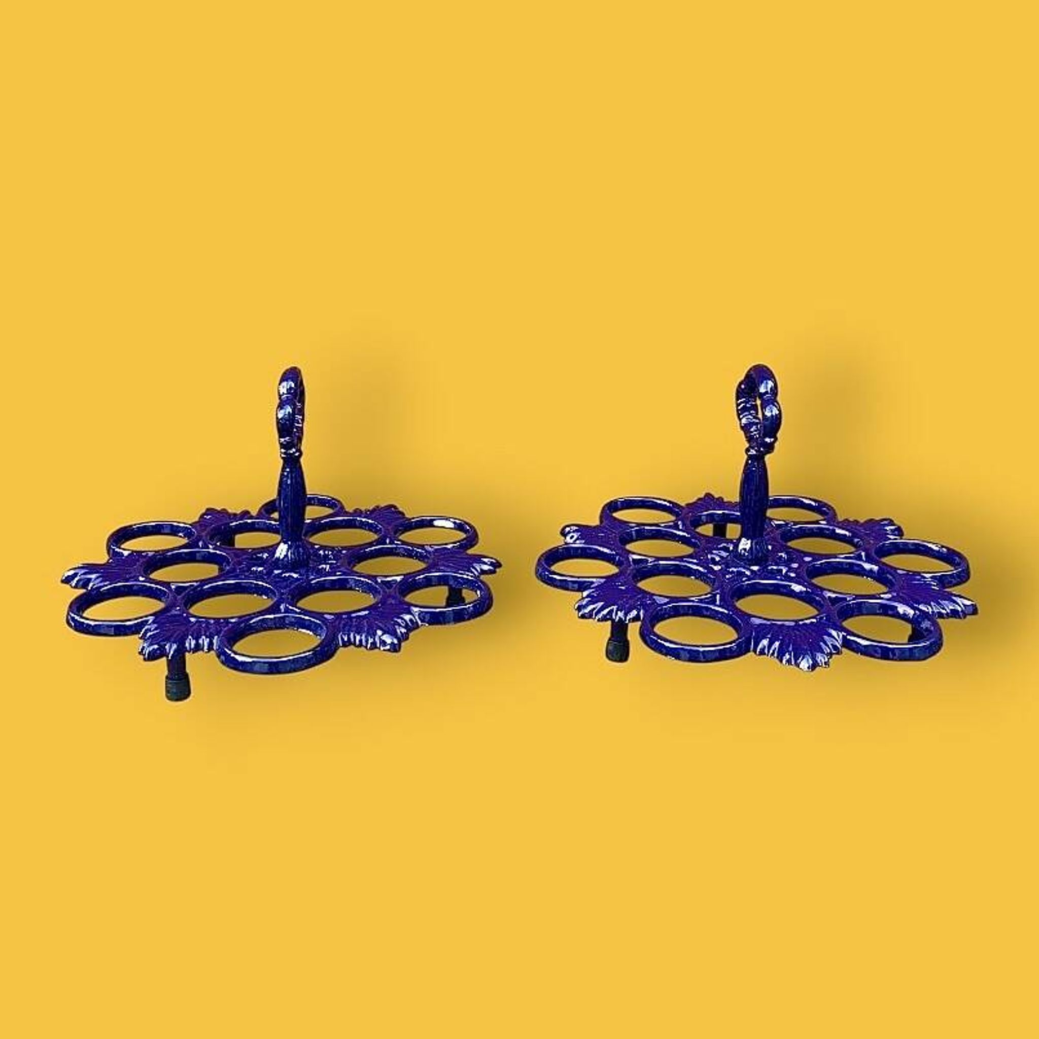 Pair of antique blue enamelled cast iron egg stands - 1960s