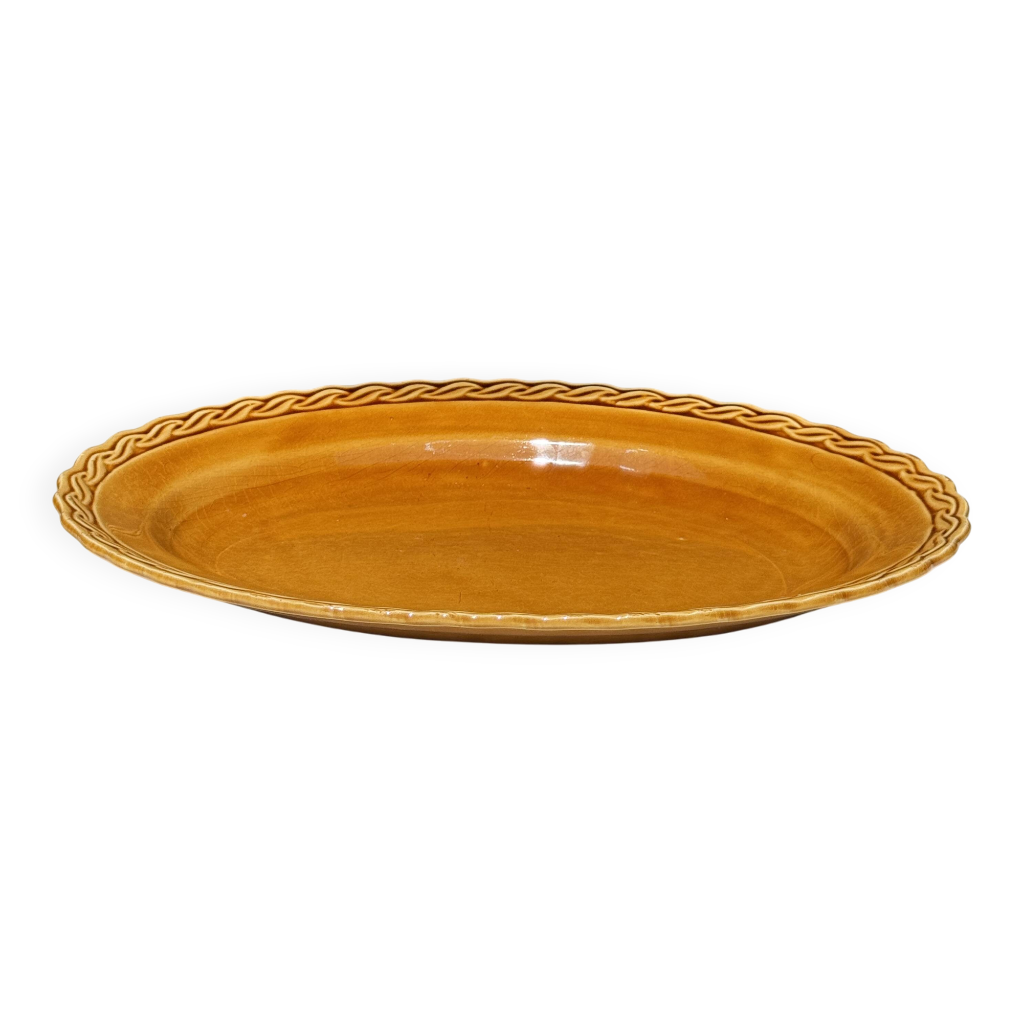 Antique oval dish, yellow-orange, frieze border L:24