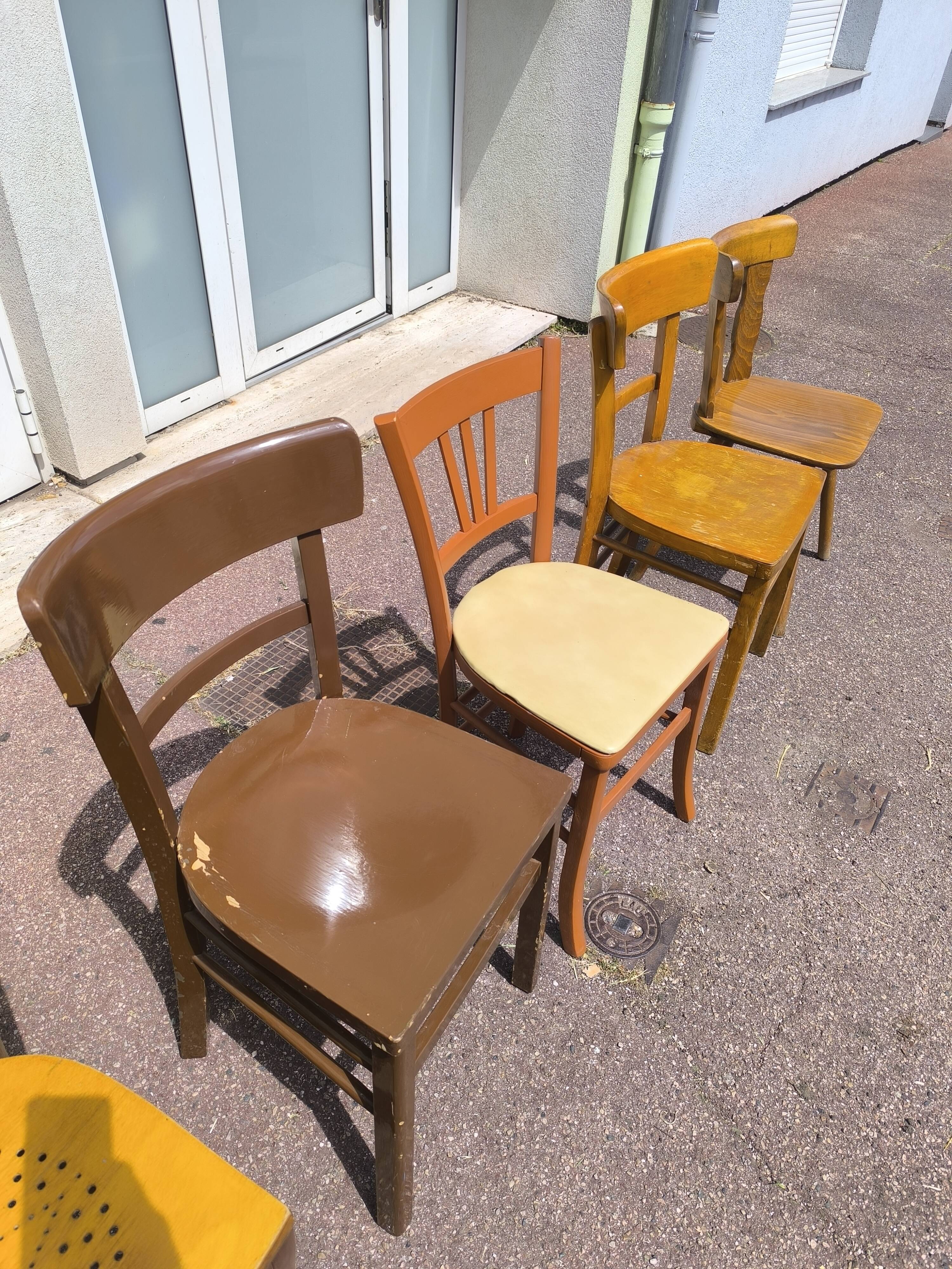Set of 6 mismatched vintage wooden bistro chairs