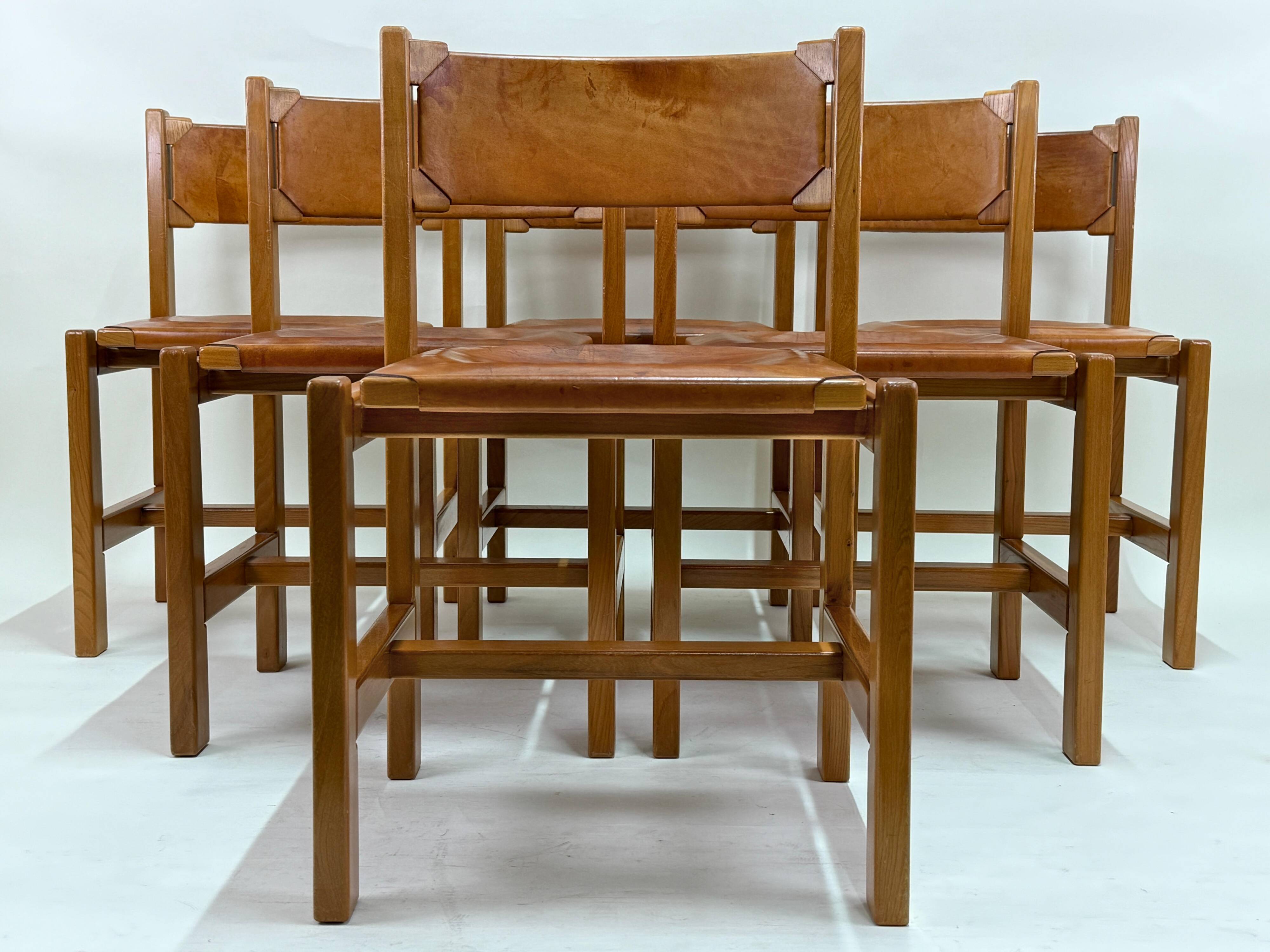 Set of 6 Maison Regain Chairs - Solid Elm and Fawn Leather - Circa 70