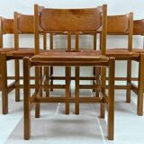 Set of 6 Maison Regain Chairs - Solid Elm and Fawn Leather - Circa 70