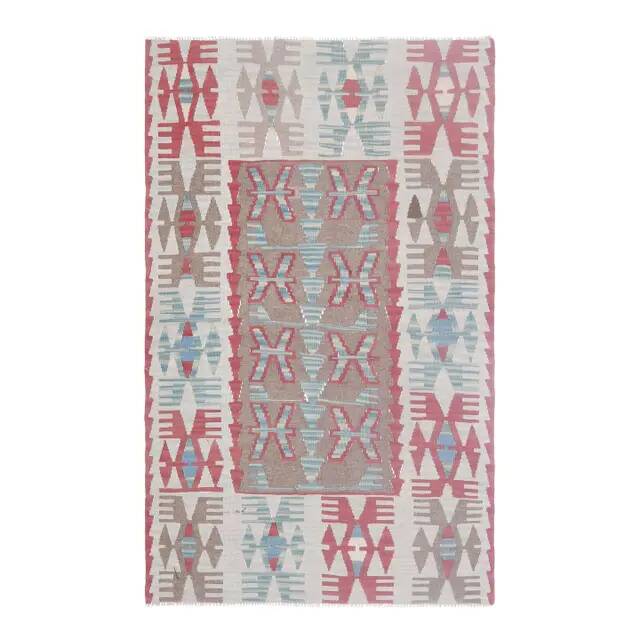 1970s Vintage Turkish Handmade Wool Cotton Pink Kilim Rug 97x158