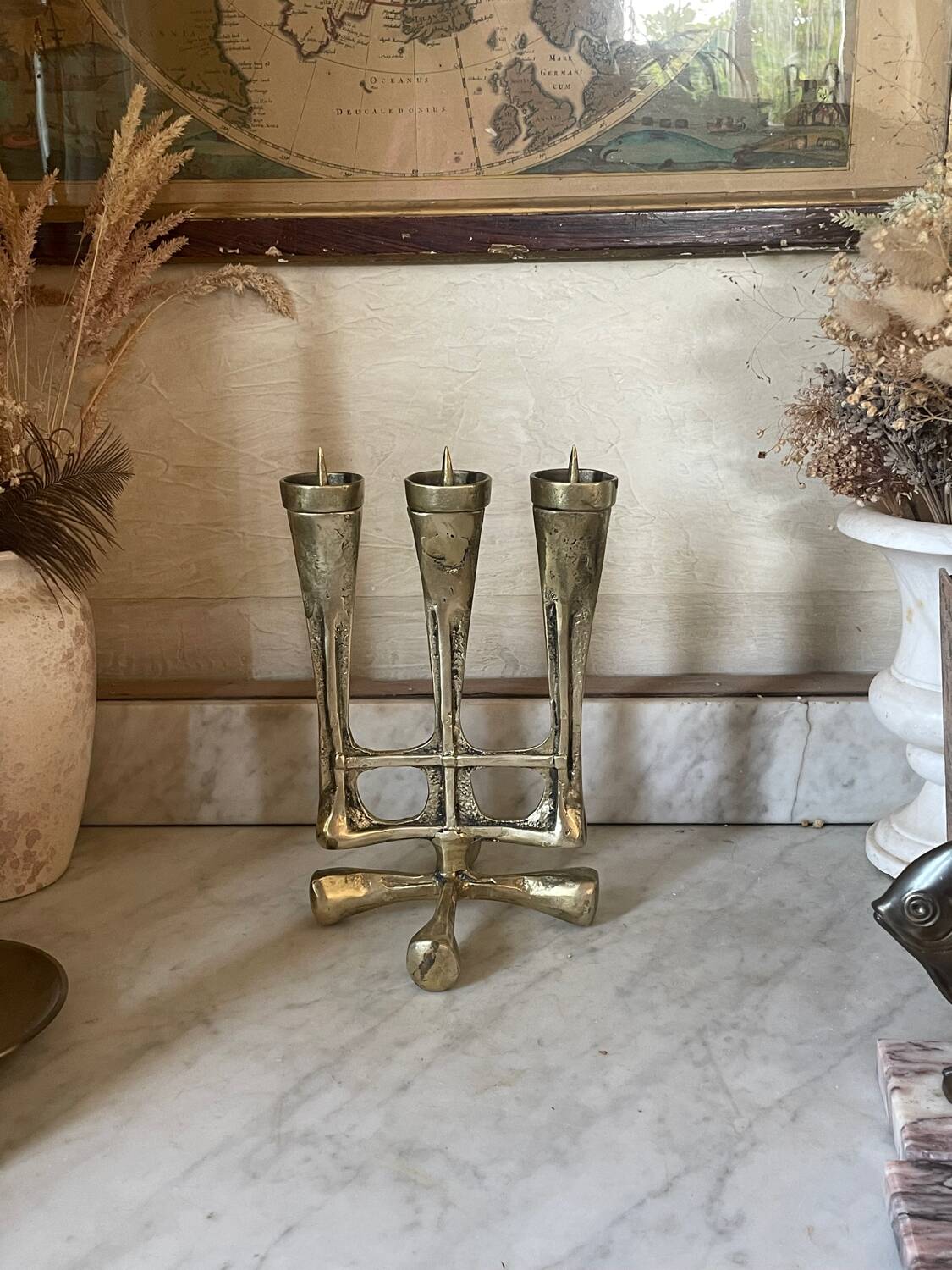 Vintage solid brass brutalist candle holder