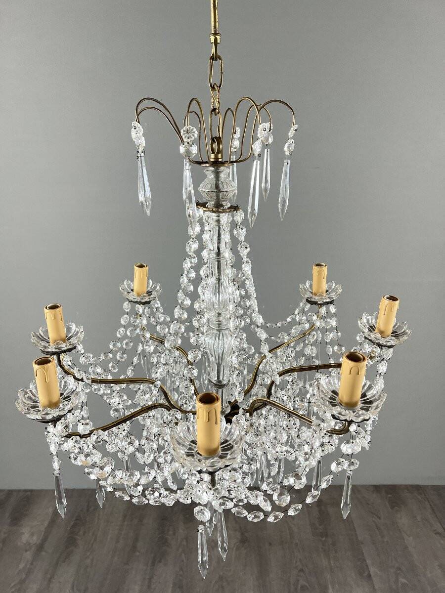 Lustre à pampilles en cristal et bronze, XXe siècle