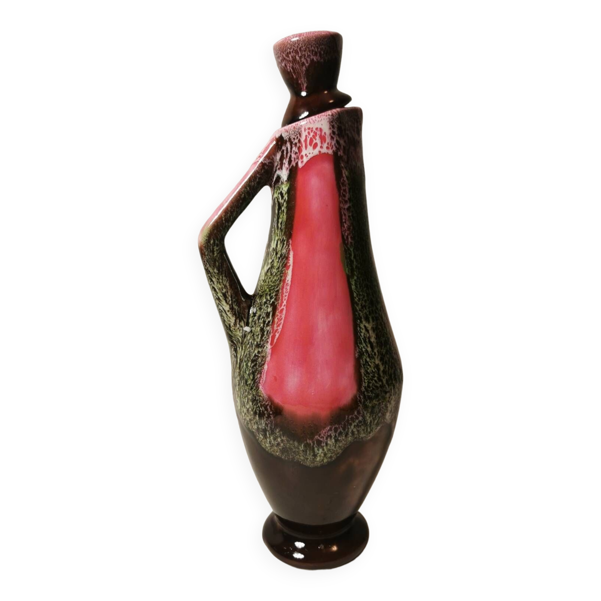 Old Pitcher, Jug, Carafe in Pink and Brown Ceramic Vallauris Style Vintage