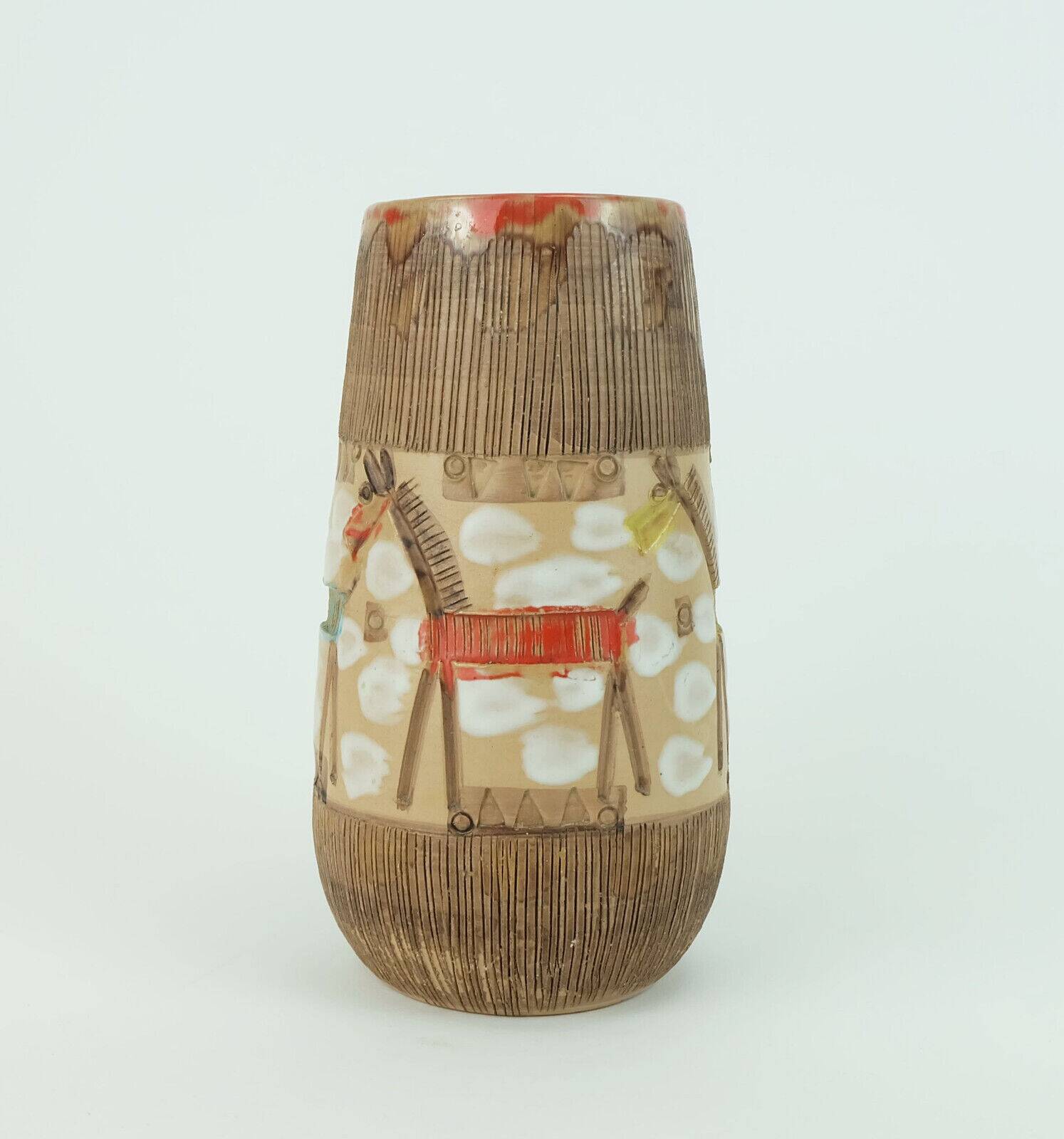 Italian mid century vase fratelli fanciullacci horse sgraffito decor rare glaze variation