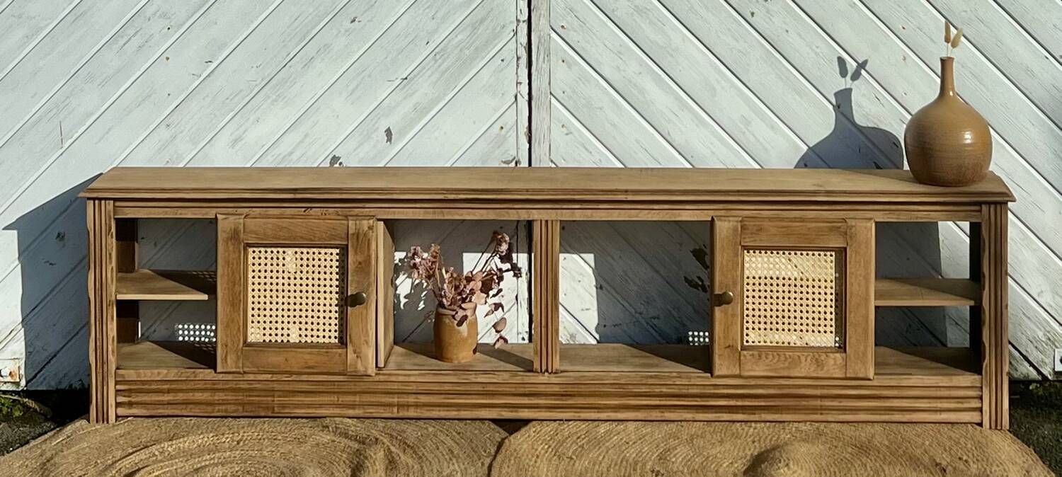 Vintage oak sideboard TV unit with raw finish and caning.