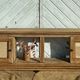 Vintage oak sideboard TV unit with raw finish and caning.