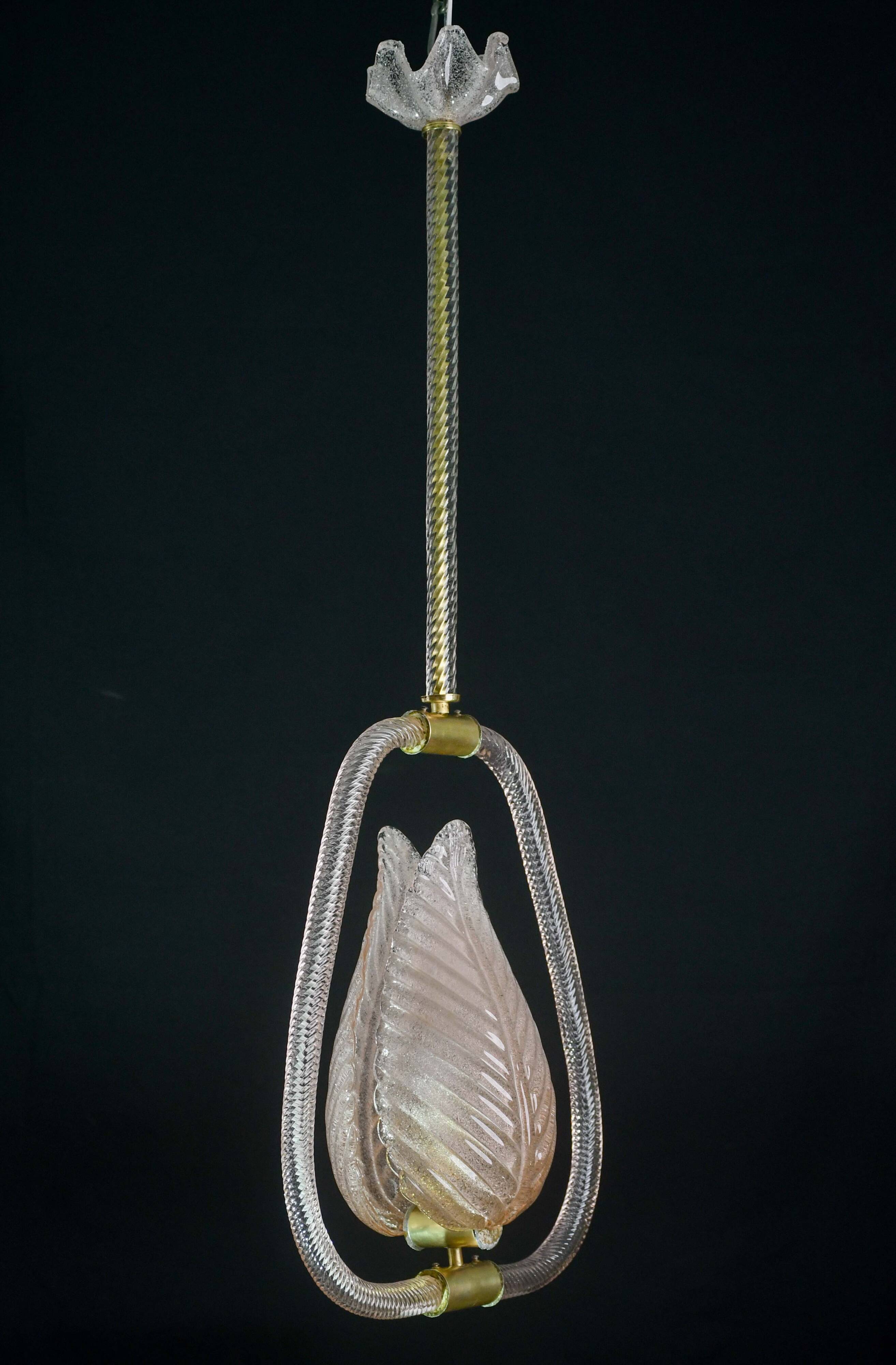 Elgant Pink Art Decò Barovier e Toso Pendant Light Murano Glass, 1940s