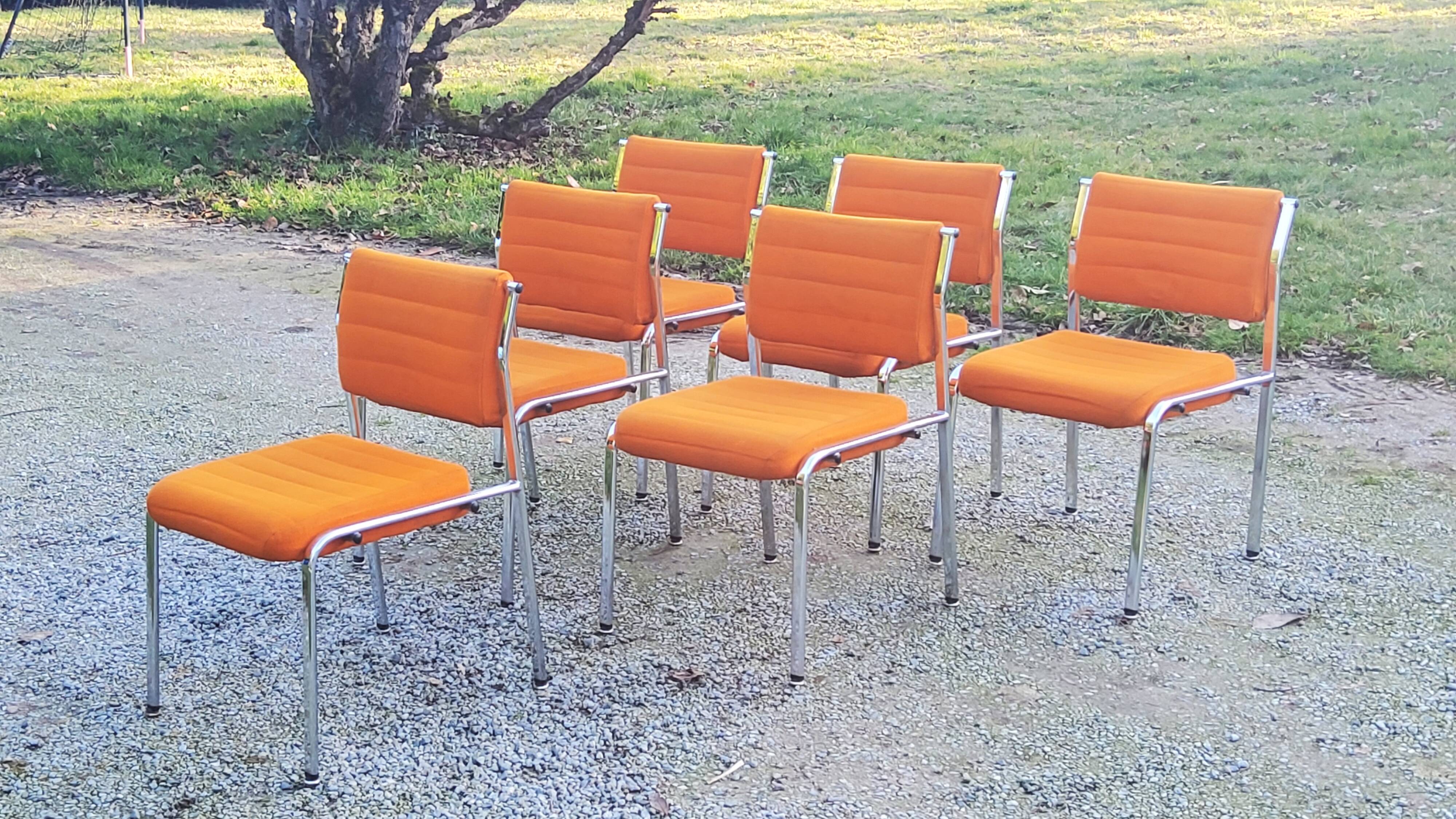 Set of 6 designer chairs from the 70s orange fabrics and chrome tubes