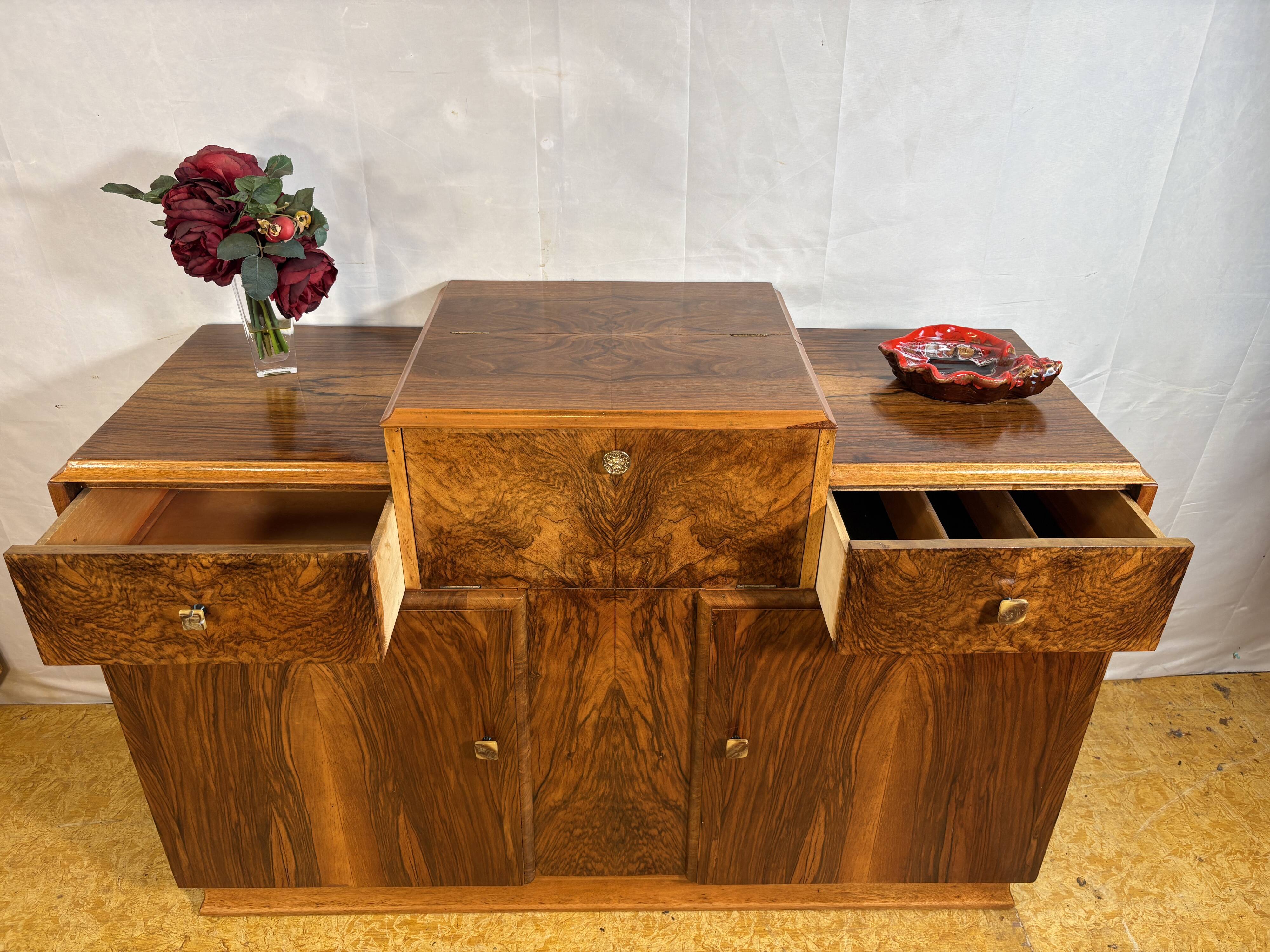 Art Deco English Burr Walnut Cocktail Sideboard – Circa 1930s  A stunning o